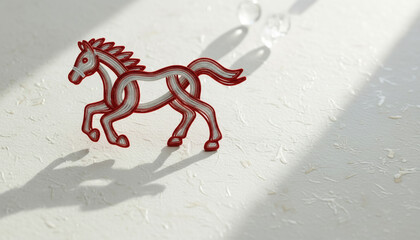 白い背景に置かれた紅白の水引で作られた走る馬の正月飾りの伝統工芸品