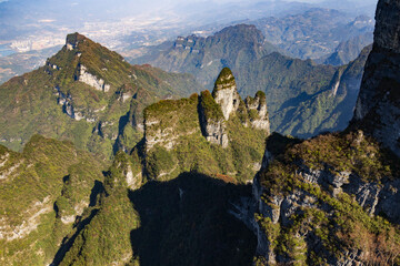 Tianmen Mountain with its pierced rock above the city of Zhangjiajie in Hunan, China.