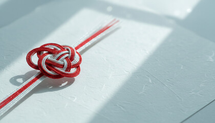 白い背景に置かれた紅白の水引による梅結びの伝統的な正月飾りのクローズアップ