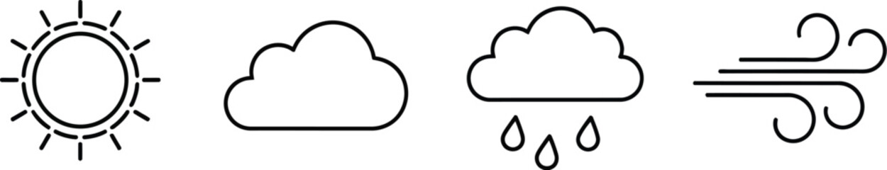 Fototapeta premium Simple black line icons representing sun cloud cloudy rain and windy weather conditions for forecasting