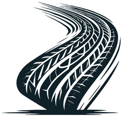 A striking black tire tread swirl forms a stylized curve, suggesting movement, speed, and automotive energy. Ideal for travel, performance, road safety, and dynamic design.