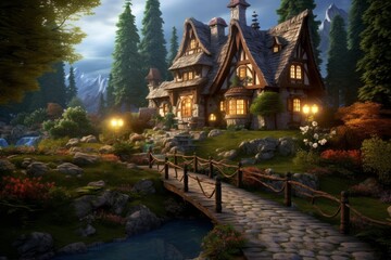 Obraz premium Charming cottage nestled in a serene forest setting, with a stone bridge crossing a gentle stream, evokes a sense of tranquility and magic