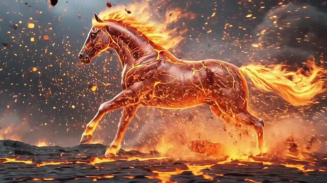Horse Zodiac Fire Animation Featuring Powerful Running Horse with Flaming Mane and Glowing Energy Representing Strength Speed Freedom Motivation Success Growth and Inner Power Inspired by Lunar Calend