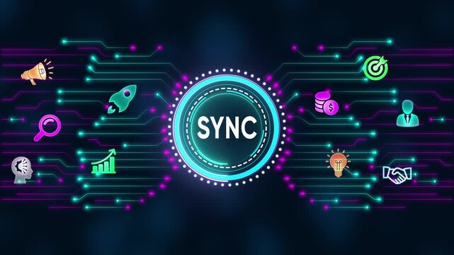 Digital concept of synchronization and connection with icons and circuit board design Keywords: sync, synchronization, connection, unity, strategy, business, technology, digital, concept, success