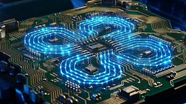 Animating glowing circuit pathways on electronic board in closeup motion