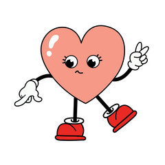 Groovy comic heart mascot. Сomic character with gloved hands and boots