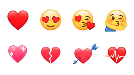 Collection of heart and love emojis on a black background for social media and communication