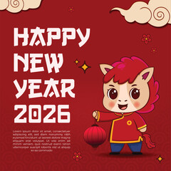 Happy New Year 2026 with Cute Cartoon Horse and Lantern