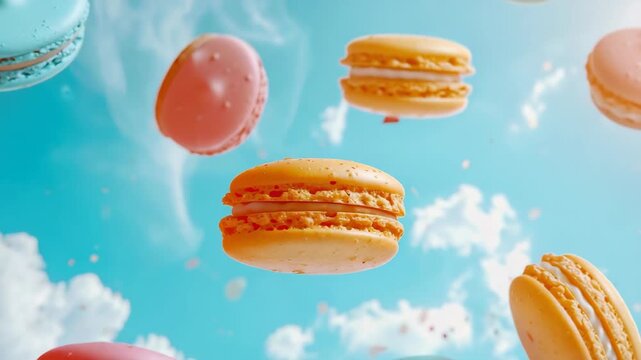 A surreal of pink macarons floating in a dreamy blue sky with soft clouds and pastel accents.