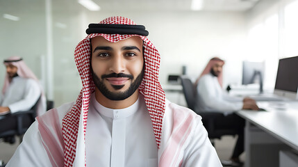 Portrait of a professional man in traditional Saudi Arabian attire, set in a modern office environment. The image highlights cultural identity and professional presence in a contemporary setting.