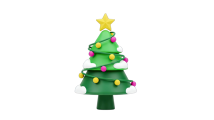 3D Christmas Tree Decorated with Lights on White Background