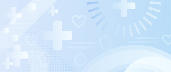 Abstract light blue gradient medical background with subtle crosses, hearts and shield icons. Clean modern healthcare design for medicine, insurance, safety, wellness, clinics, apps and presentations