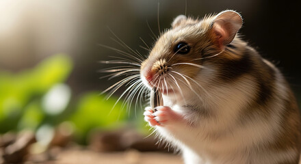Small Hamster Holding Seed in Its Paw Outdoors