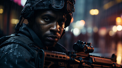 Obraz premium special forces soldier polices a with high technology gun and weapon working in night city