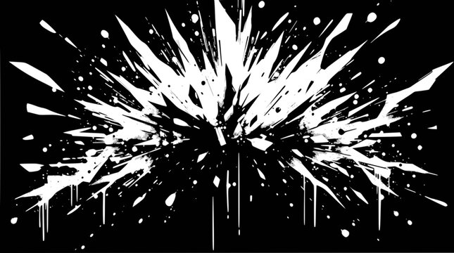 Abstract white explosion or splatter graphic design element on a black background, creating a dynamic and chaotic visual effect.