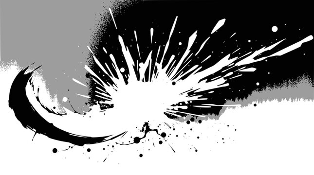 A dynamic black and white abstract graphic depicting an explosive burst of jagged white lines and scattered particles against a dark background.