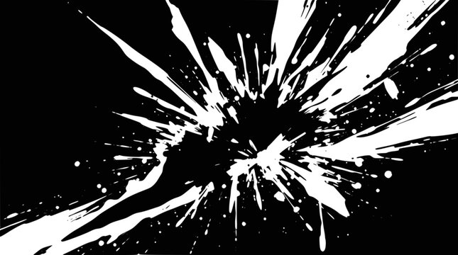 Dynamic white paint splash exploding outwards on a stark black background, creating an abstract and high-contrast visual effect.