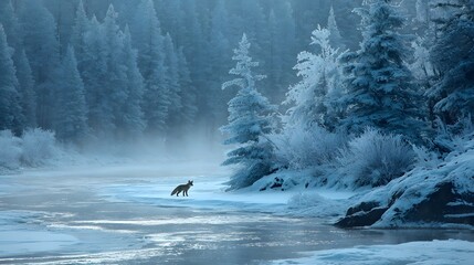 Obraz premium A lone fox gingerly treads on the winter river's chilly ice layer.