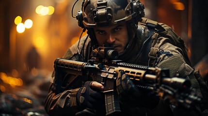 Obraz premium special forces soldier polices a with high technology gun and weapon working in night city