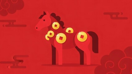 Red chinese zodiac horse decorated with gold ancient coin. Lunar new year concept illustration for wealth and good fortune. Oriental holiday art.