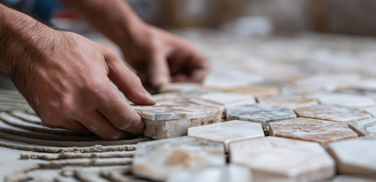 Artisan arranges hexagonal pieces precisely, forming decorative patterned stone surface.