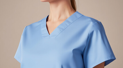 Close-up studio shot of a female wearing a light blue V-neck scrub top. The uniform is new, clean, and ready to be worn in a medical, dental, or veterinary office setting.