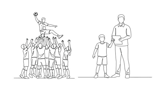 Sketch of a human pyramid and a man with a child observing