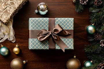 A holiday package like a treasure chest gleams on a sleek wooden table for promotion.