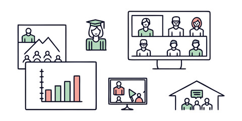 An illustration depicting various elements of remote learning and online meetings, including a graduation cap, video conferencing screens, and a bar graph.