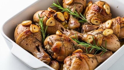 Baked chicken legs with garlic and rosemary in white dish, overhead view