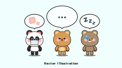 Cute cartoon bear and panda characters standing with speech bubbles showing different moods. Clean flat vector illustration suitable for stickers, banners, kids content, and friendly design. © Peppie