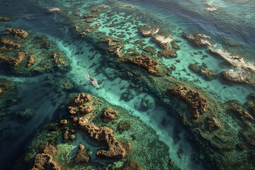 Obraz premium Aerial view of small boat navigating through turquoise coral reef formations in shallow tropical ocean waters, showcasing natural marine beauty and peaceful seascape