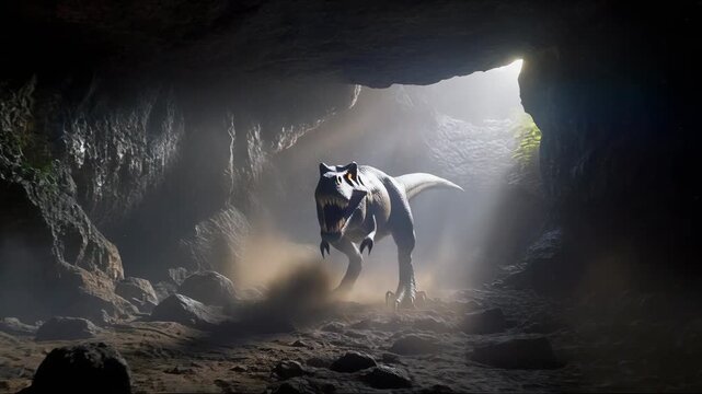 Dynamic shot of a large predatory dinosaur running through a dusty, arid prehistoric desert landscape with sand dunes and mountains.