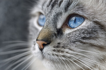 Blue eyed cat portrait with soft natural light showing calm expression and detailed fur texture in close up view