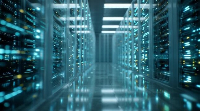 Futuristic server room with glowing blue lights and rows of data storage