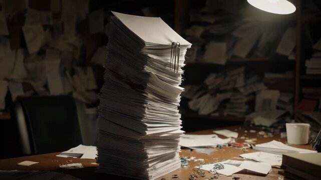 Overwhelming stack of documents on a chaotic desk under a desk lamp's glow