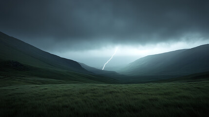 A captivating spectacle unfolds as a jagged lightning bolt strikes the valley, illuminating the landscape with an ethereal glow amidst the approaching storm clouds.