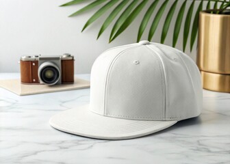 White baseball cap on white marble table with palm leaf and camera.