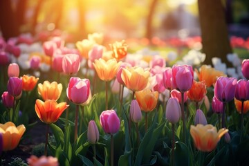 Beautiful colorful tulips are blooming in a garden, illuminated by warm sunlight
