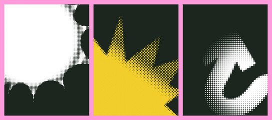 Dotted pop art retro backgrounds with bold halftone dots. Abstract dynamic pop art shapes or frames and arrow for comics, music covers and creative posters. Vector texture on black  background