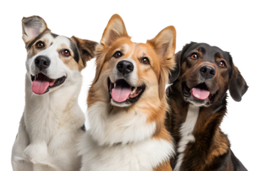 Happy dogs of different breeds looking directly at the camera. Friendly and expressive dogs isolated on transparent background for advertising and design use