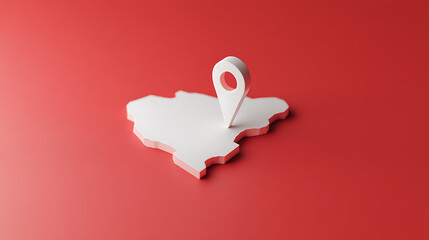 Landmark location. The 3D rendering on a red background shows a destination marker on a stylized geographical representation, highlighting a specific place or area.
