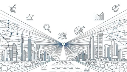 Business growth concept with city skyline, network connections and strategic icons in minimalist line art style for corporate presentations.