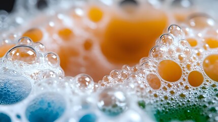 Colorful soap bubbles and foam creating abstract patterns with orange blue green hues for cleaning hygiene beauty skincare cosmetic product backgrounds.
