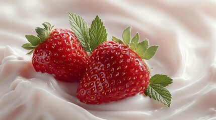 Fresh ripe strawberries with green leaves on creamy white silk fabric background for culinary dessert and healthy food concepts.