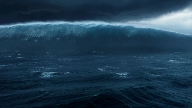 Dramatic ocean wave progression under stormy skies with approaching thunderstorm