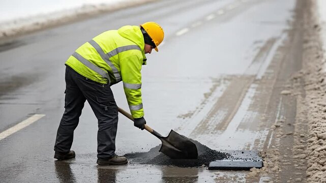 Road Repair Worker Wearing Safety Gear Patching Asphalt on Highway with Shovel