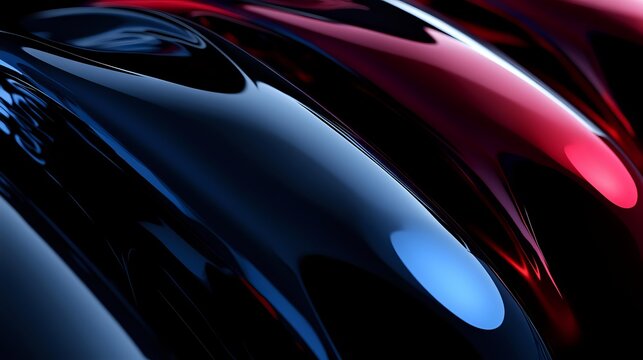 Abstract flowing liquid metal waves in blue and red colors creating dynamic motion blur effect with glossy reflective surfaces and smooth gradients.