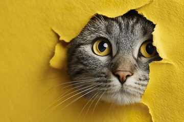 Curious cat with yellow eyes peeking through torn yellow paper, creating dramatic contrast and playful mood in close up image