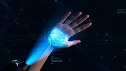 Futuristic hand interaction with digital interface showcasing biometric technology and virtual holograms - Powered by Adobe